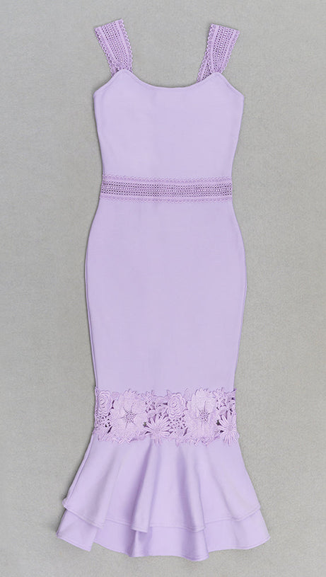 AGATHA MERMAID HEM FLORAL LACE BANDAGE MIDI DRESS IN PURPLE