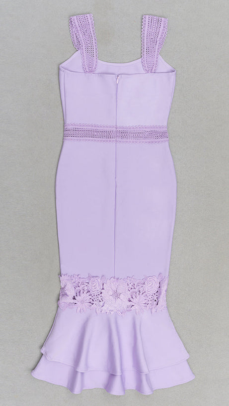 AGATHA MERMAID HEM FLORAL LACE BANDAGE MIDI DRESS IN PURPLE
