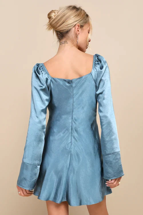 SENSATIONAL FATE SLATE BLUE SATIN COWL NECK MINI DRESS