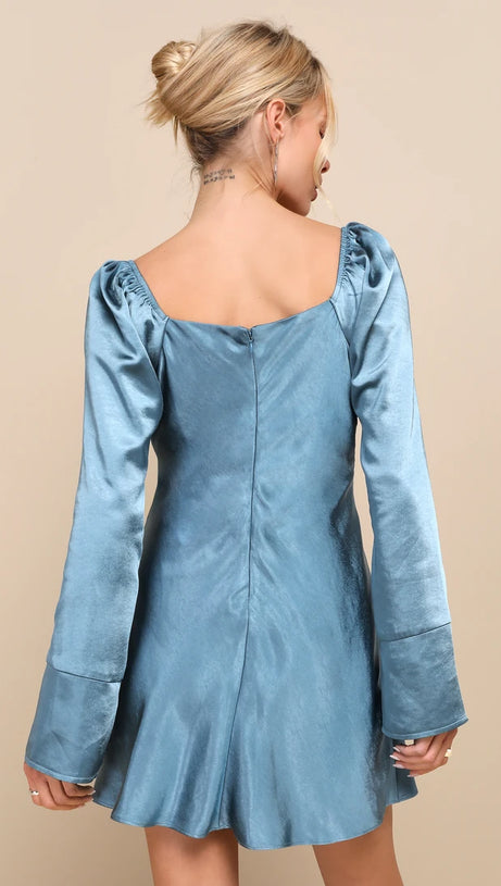 SENSATIONAL FATE SLATE BLUE SATIN COWL NECK MINI DRESS