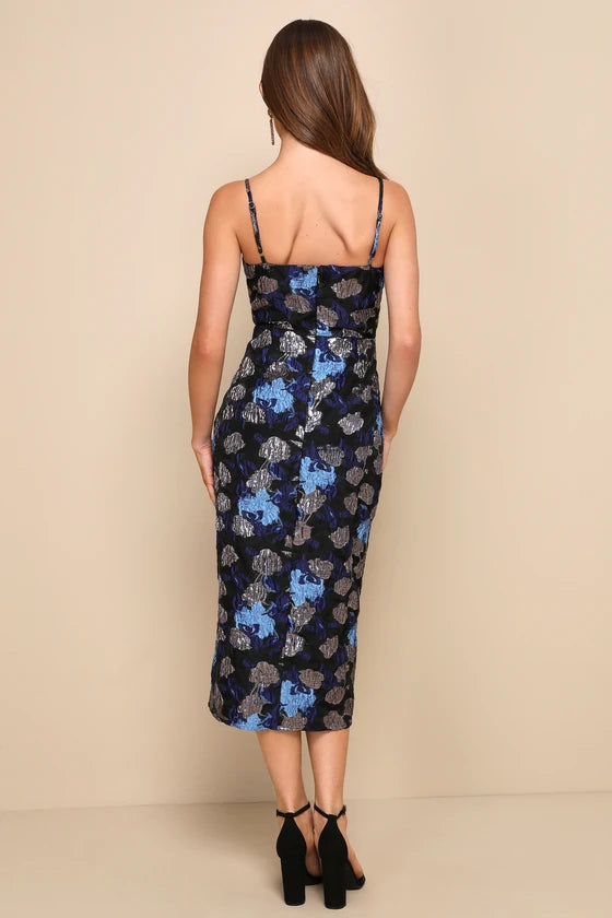 AIIZIE VIVID BEAUTY BLACK FLORAL JACQUARD SLEEVELESS BUSTIER MIDI DRESS - product image