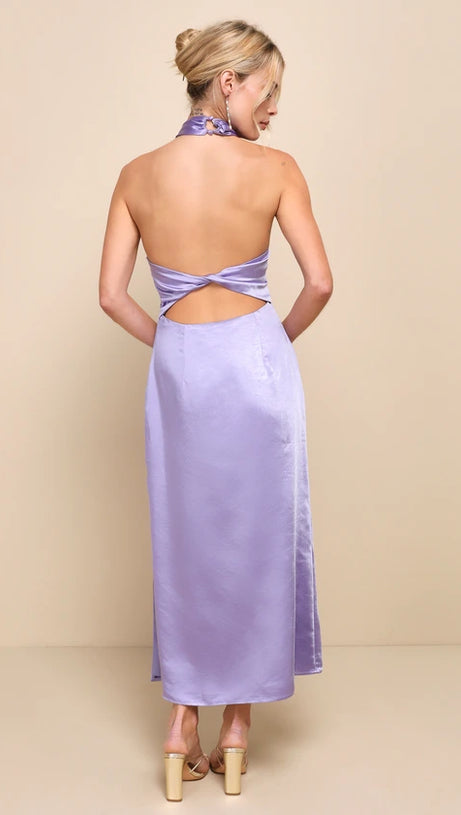 LAVENDER SATIN HALTER SLIP MIDI DRESS