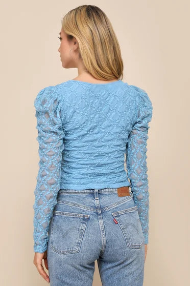 LIGHT BLUE LACE LONG SLEEVE CORSET CROP TOP