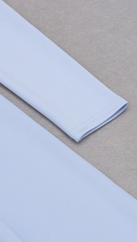 TWIST FRONT GIGOT SLEEVE MIDI DRESS IN BLUE