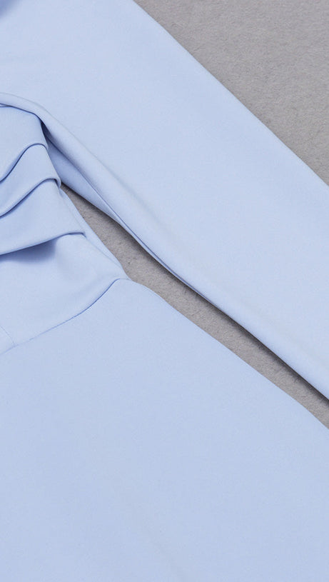 TWIST FRONT GIGOT SLEEVE MIDI DRESS IN BLUE