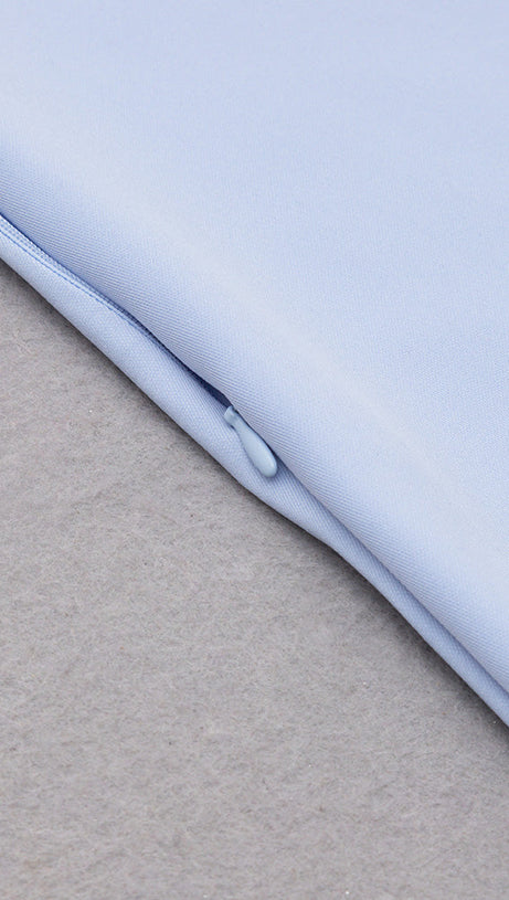 TWIST FRONT GIGOT SLEEVE MIDI DRESS IN BLUE