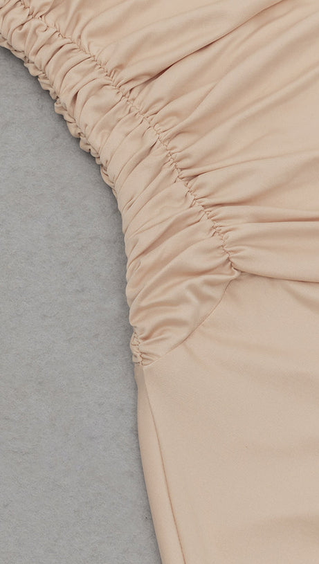 RUCHED RUFFLES SPLIT BODYCON MAXI DRESS