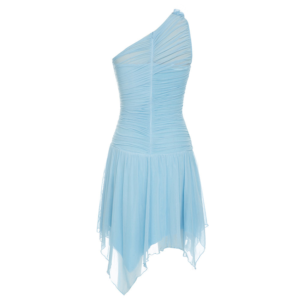 AIIZIE ONE-SHOULDER FLORAL RUCHED MINI DRESS IN BLUE - product image