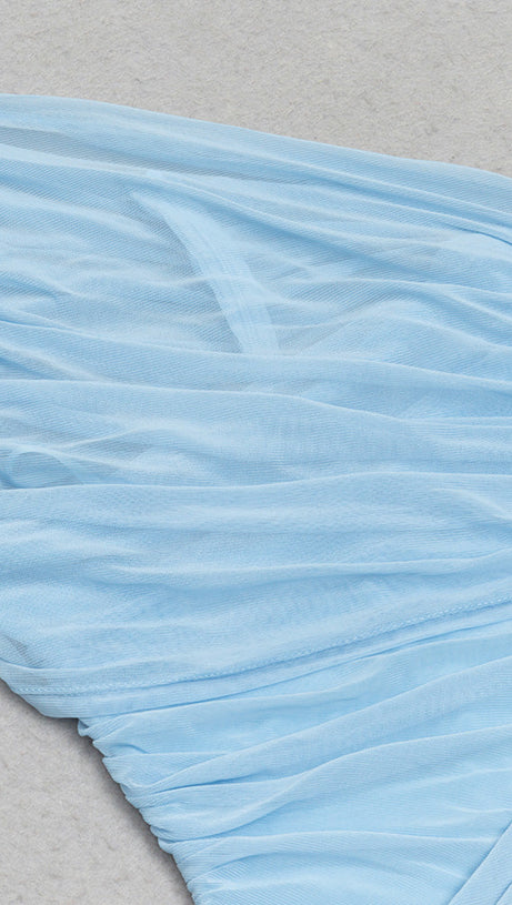 ONE-SHOULDER FLORAL RUCHED MINI DRESS IN BLUE