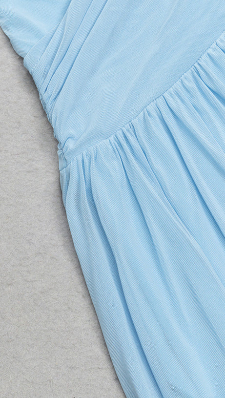 ONE-SHOULDER FLORAL RUCHED MINI DRESS IN BLUE