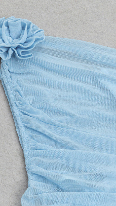 ONE-SHOULDER FLORAL RUCHED MINI DRESS IN BLUE