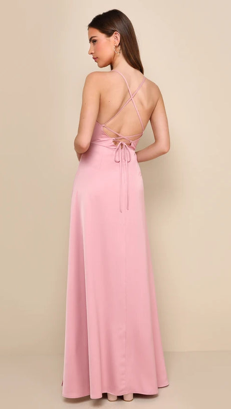 SATIN PLEATED LACE-UP BACKLESS MAXI DRESS IN PINK