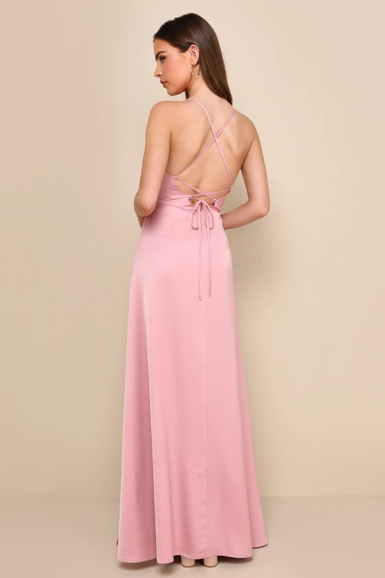AIIZIE SATIN PLEATED LACE-UP BACKLESS MAXI DRESS IN PINK - product image