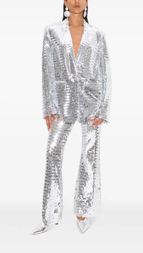 SEQUIN-EMBELLISHED TROUSERS BLAZER SET IN SILVER