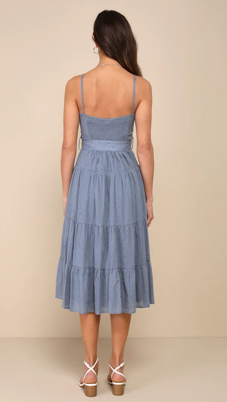 SLATE BLUE SWISS DOT BUSTIER TIERED MIDI DRESS