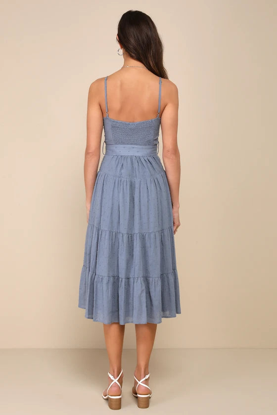 AIIZIE SLATE BLUE SWISS DOT BUSTIER TIERED MIDI DRESS - product image