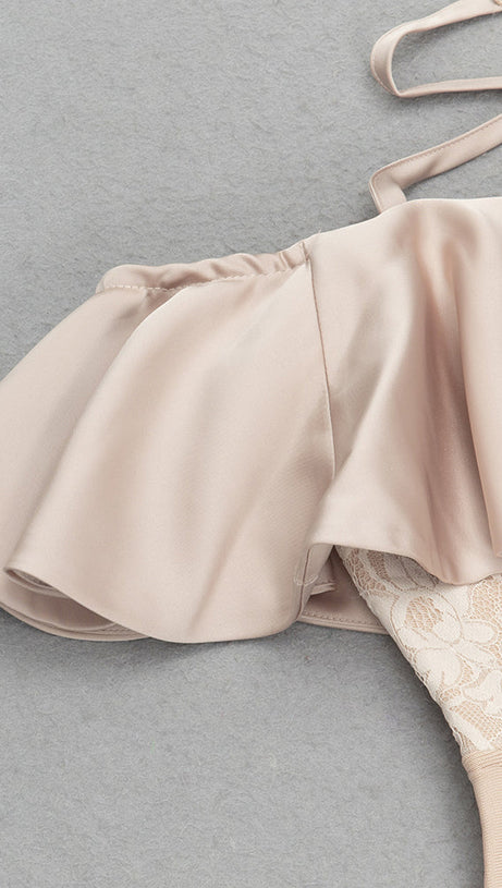 ABITO MIDI CON CORSETTO IN PIZZO CON VOLANT E HALTER COLOR NUDO 