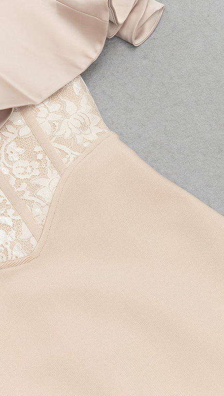 ABITO MIDI CON CORSETTO IN PIZZO CON VOLANT E HALTER COLOR NUDO 