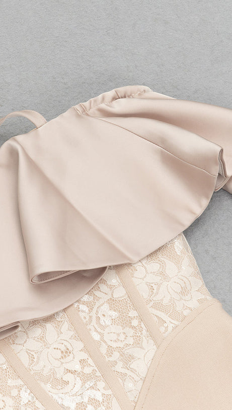 ABITO MIDI CON CORSETTO IN PIZZO CON VOLANT E HALTER COLOR NUDO 