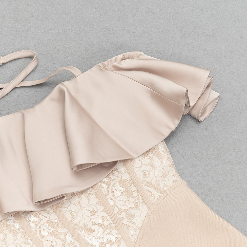 AIIZIE HALTER RUFFLE LACE CORSET MIDI DRESS NUDE - product image