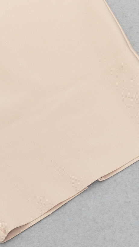 ABITO MIDI CON CORSETTO IN PIZZO CON VOLANT E HALTER COLOR NUDO 