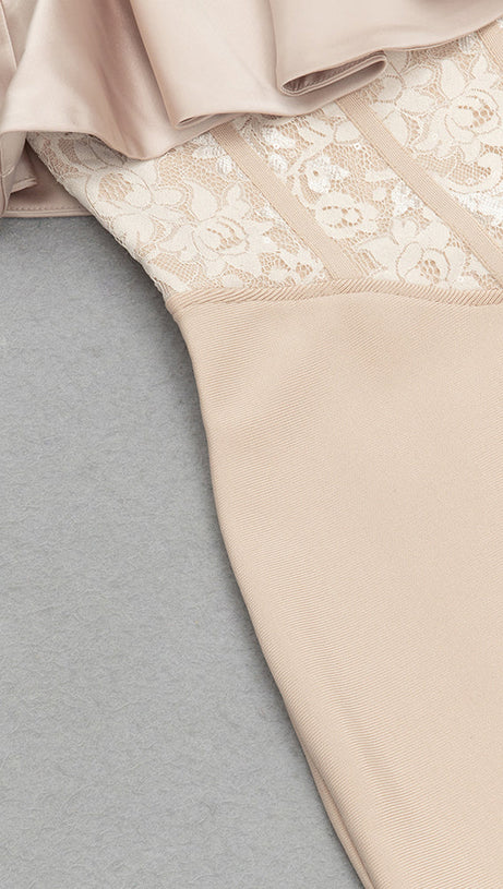 ABITO MIDI CON CORSETTO IN PIZZO CON VOLANT E HALTER COLOR NUDO 