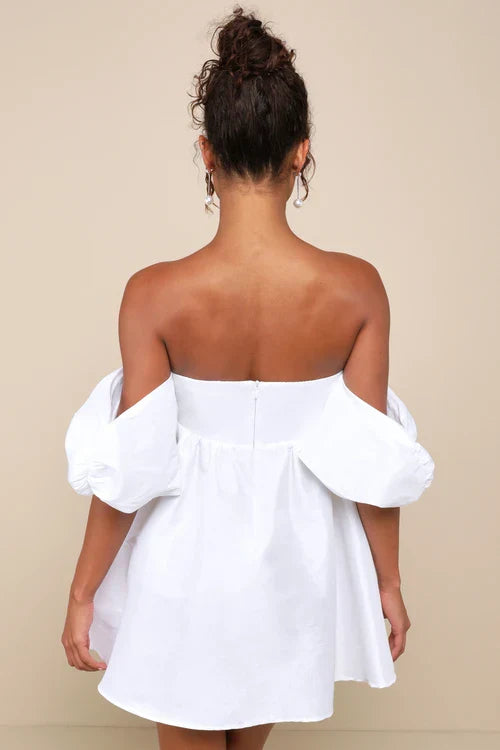 SWEET VISION WHITE TAFFETA OFF-THE-SHOULDER BABYDOLL MINI DRESS