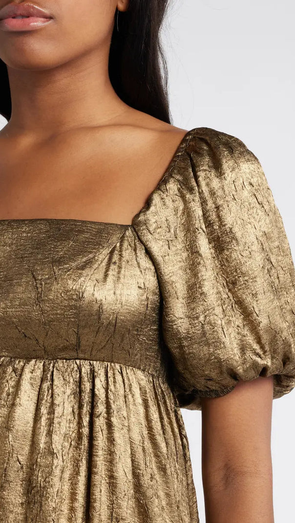 AIIZIE TRISTA SQUARE NECK PUFF SLEEVE MIDI DRESS IN GOLD - product image