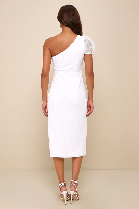AIIZIE AMAZING GLAMOUR WHITE POLKA DOT MESH ONE-SHOULDER MIDI DRESS - product image