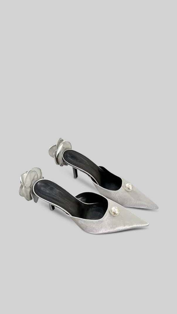 Silver Satin Sandals with Pearl and Floral Heel Detail