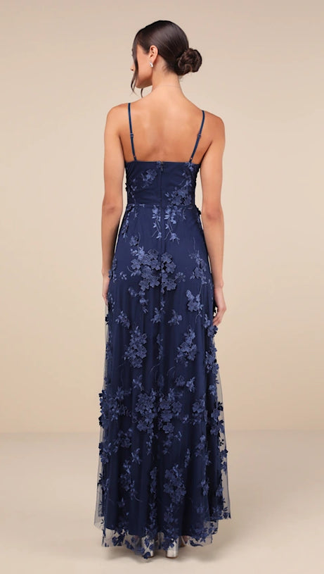 RARE PRESENCE NAVY BLUE 3D FLORAL SURPLICE MAXI DRESS