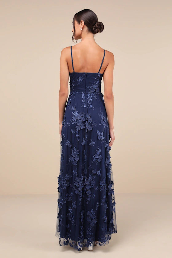 AIIZIE RARE PRESENCE NAVY BLUE 3D FLORAL SURPLICE MAXI DRESS - product image