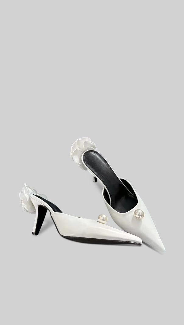 Satin Sandals with Pearl and Flower Detail - White