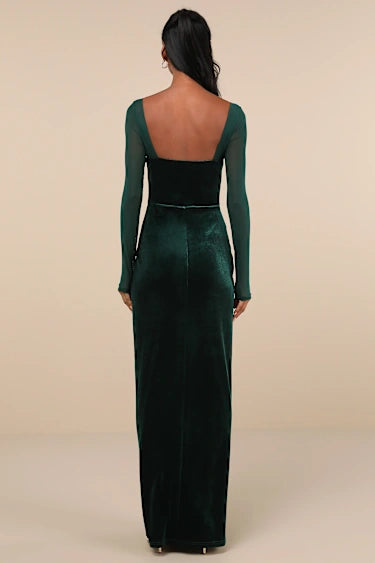 CERTIFIABLY EMERALD VELVET MESH LONG SLEEVE MAXI DRESS