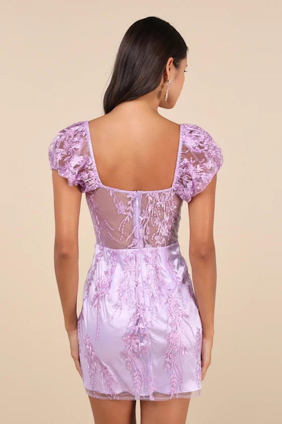 AIIZIE SERIOUSLY CUTE LAVENDER EMBROIDERED MESH PUFF SLEEVE MINI DRESS - product image