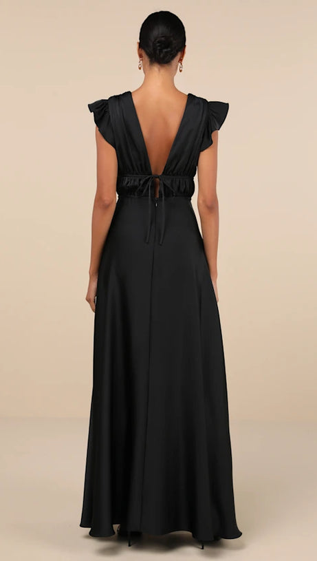 SATIN CUTOUT RUFFLED MAXI DRESS