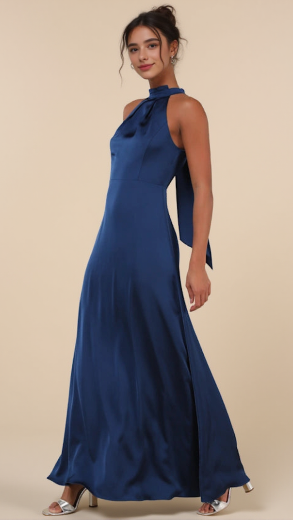 AIIZIE REGAL LOVELINESS BLUE SATIN PLEATED MOCK NECK MAXI DRESS - product image
