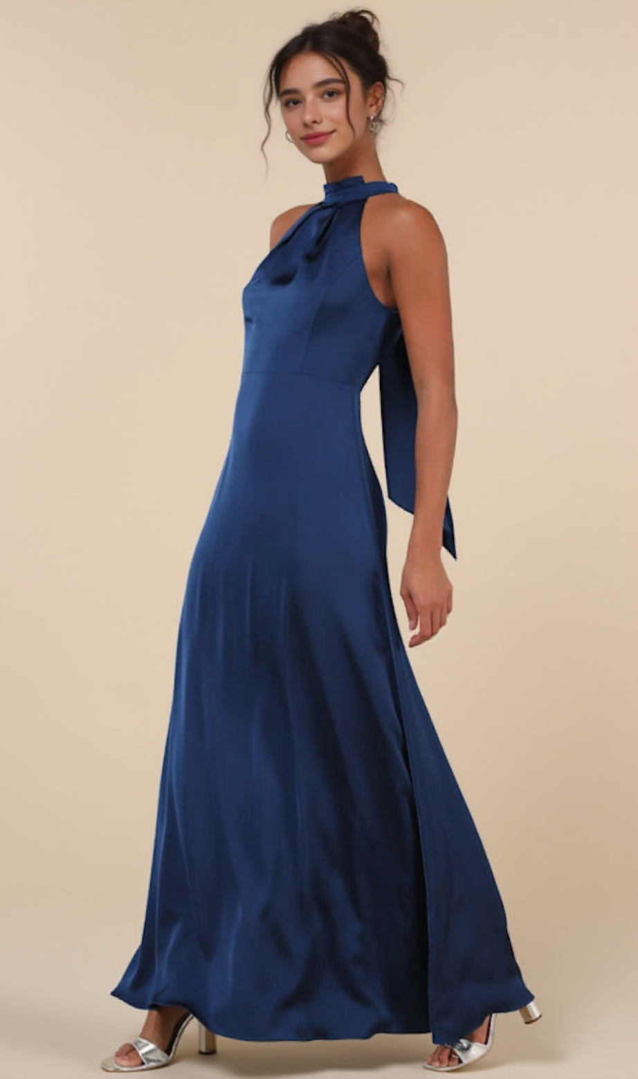 Regal Loveliness Blue Satin Pleated Mock Neck Maxi Dress