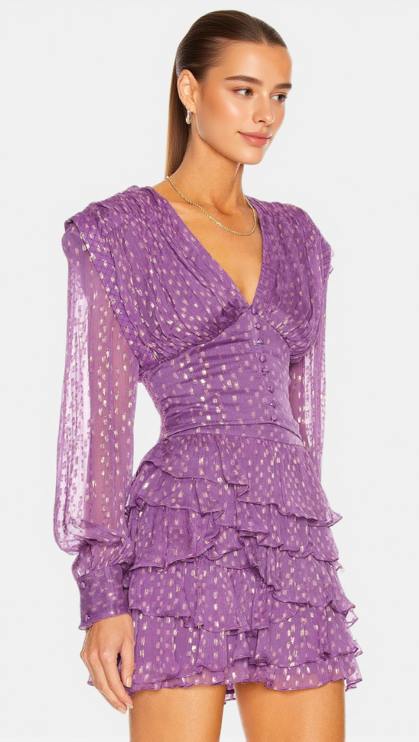 AIIZIE GARSENDE BALLOON SLEEVE RUFFLE MINI DRESS IN PURPLE - product image