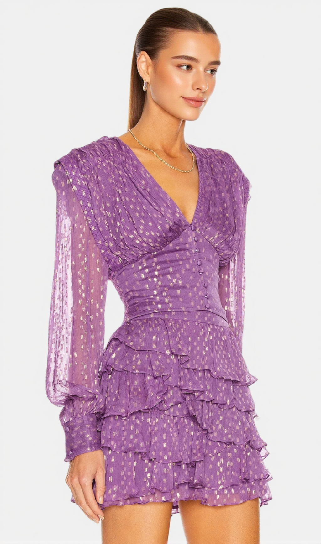 GARSENDE BALLOON SLEEVE RUFFLE MINI DRESS IN PURPLE