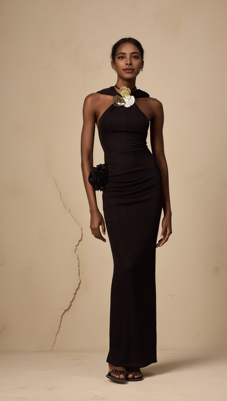 ABITO MIDI CON CAPPUCCIO E FIORI 3D IN METALLO TAMMY NERO