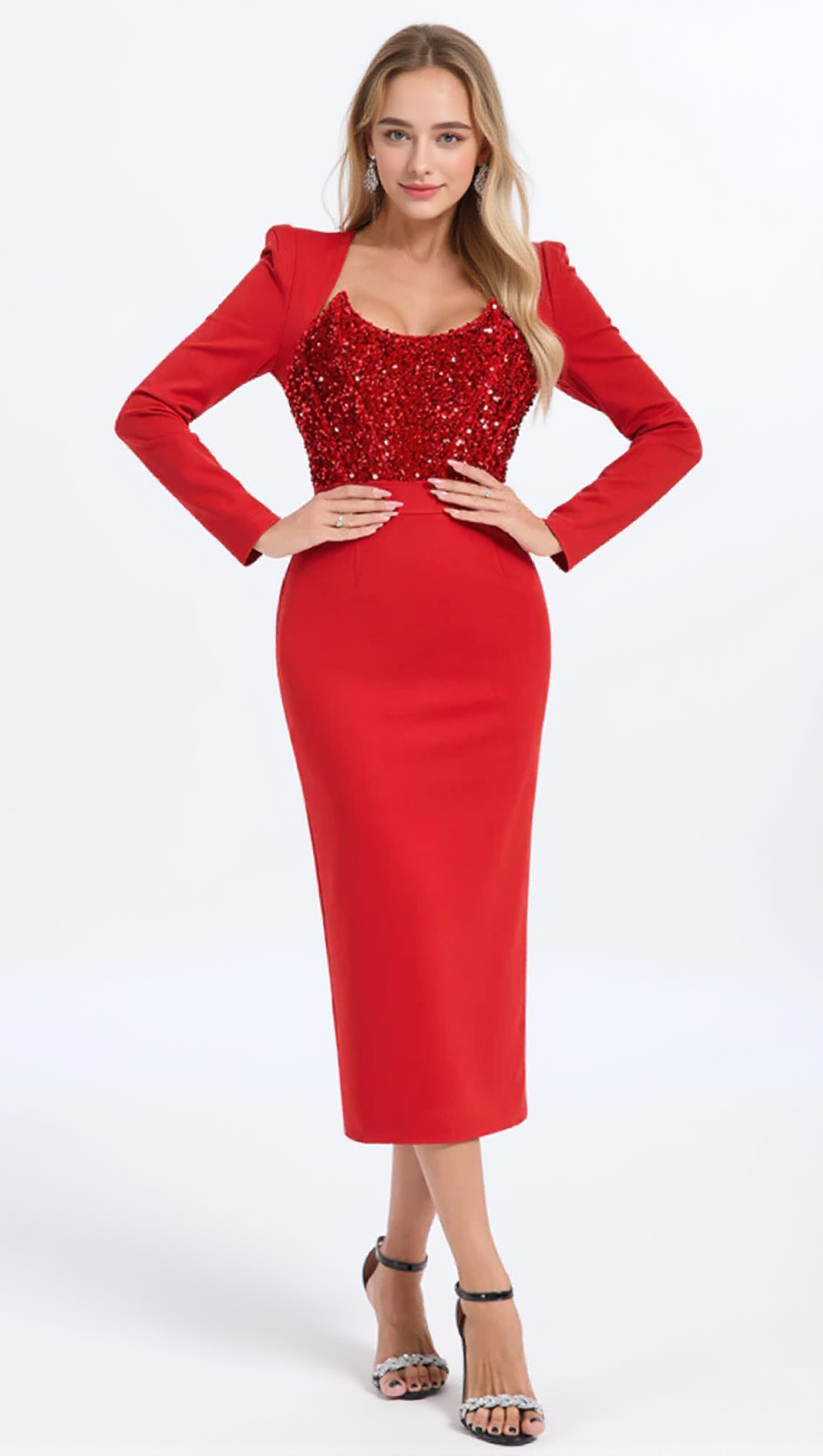 MELISSA LONG SLEEVE PATCHWORK SEQUIN MIDI DRESS IN RED