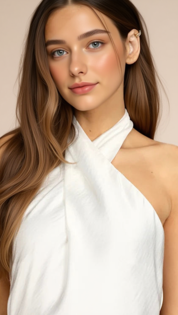 AIIZIE BEYOND CLASSY WHITE SATIN HALTER MIDI DRESS - product image