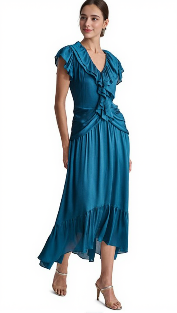 AIIZIE RUFFLED CRINKLE-TEXTURED MAXI DRESS IN DARK BLUE - product image