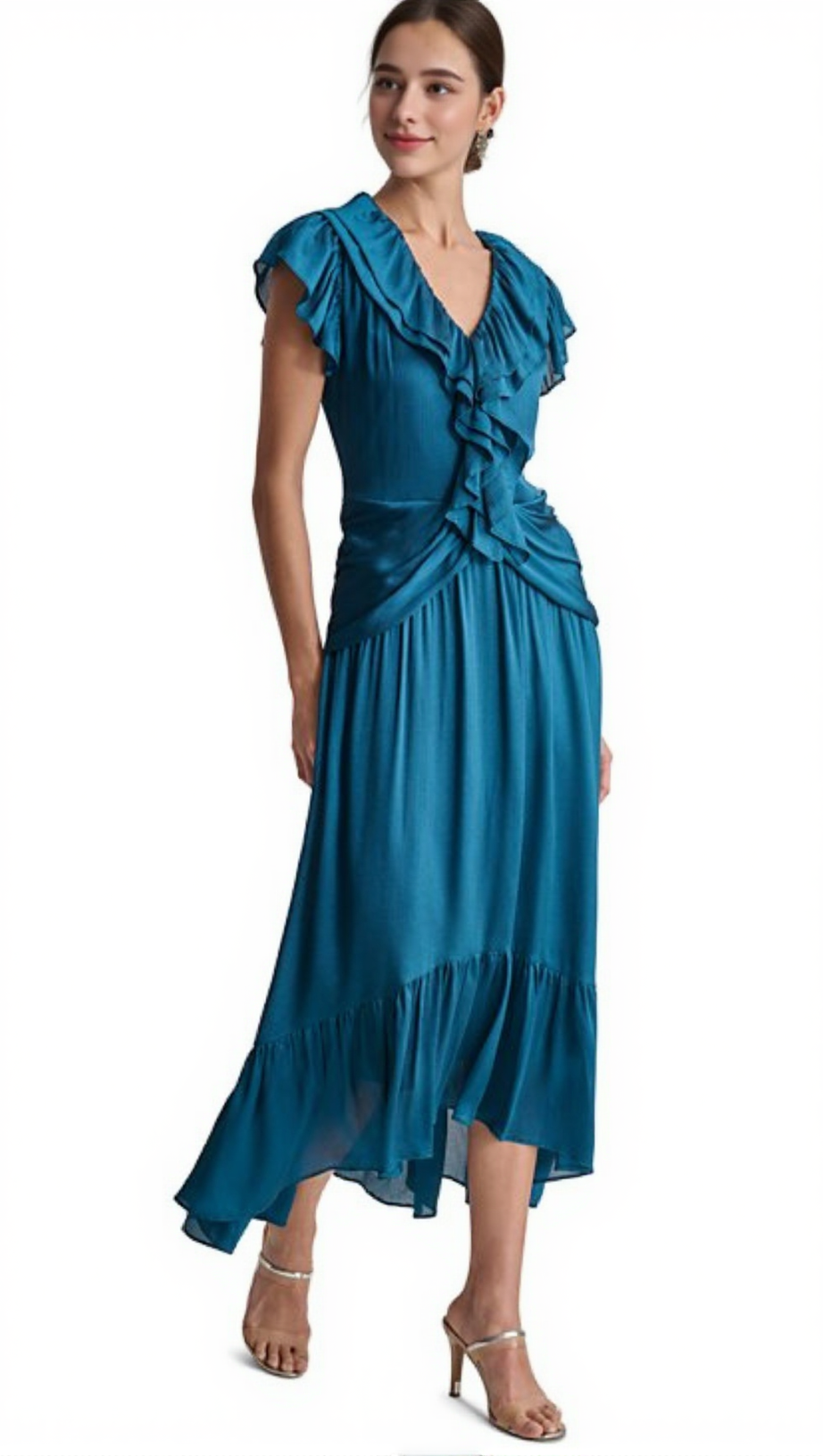 RUFFLED CRINKLE-TEXTURED MAXI DRESS IN DARK BLUE