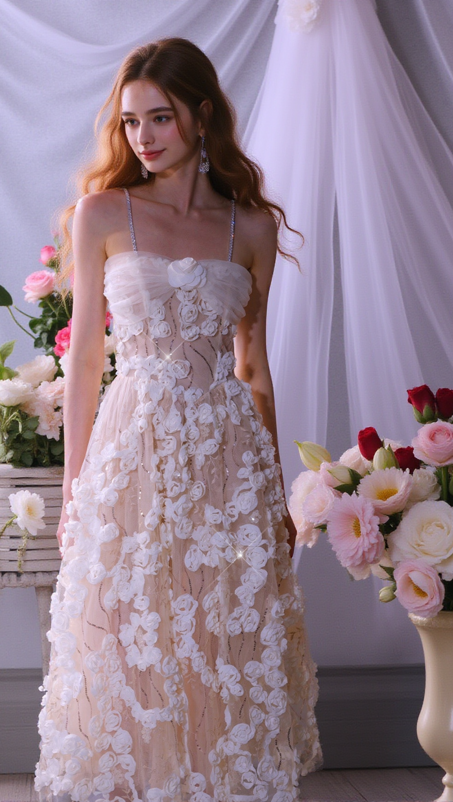 STEREOSCOPIC FLOWER RHINESTONE CHAIN MAXI DRESS IN WHITE