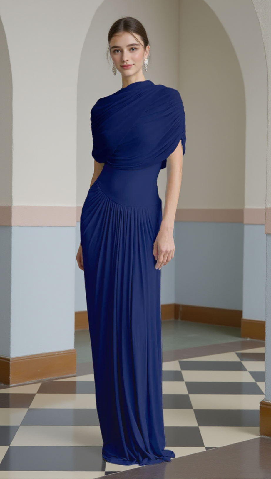AAKIFA ASYMMETRIC DRAPED MAXI DRESS IN NAVY BLUE