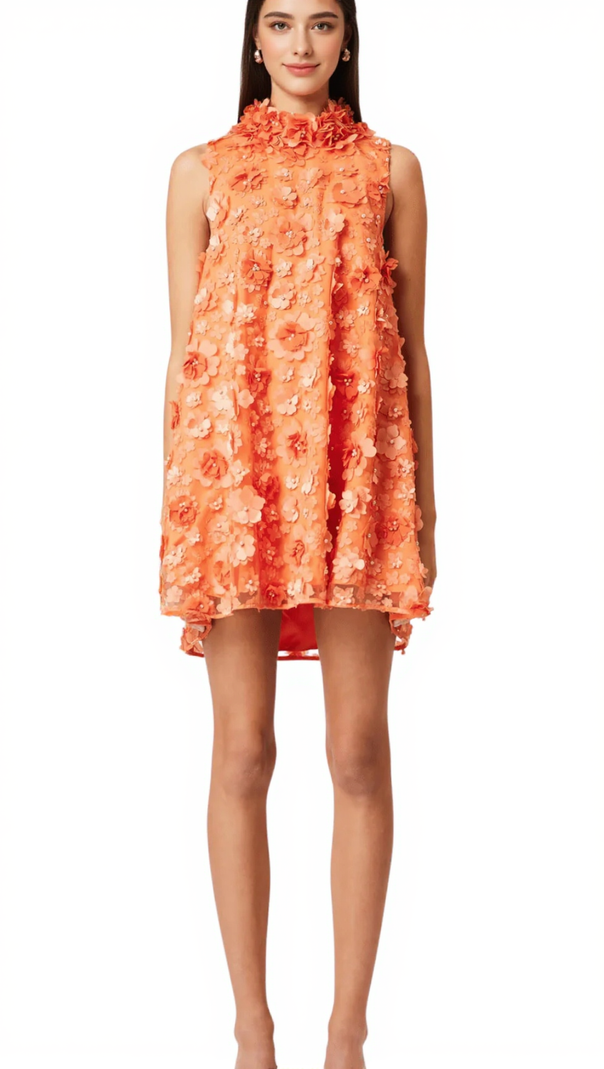 AIIZIE 3D FLORAL BLUEBELL TRAPEZE DRESS IN ORANGE - product image