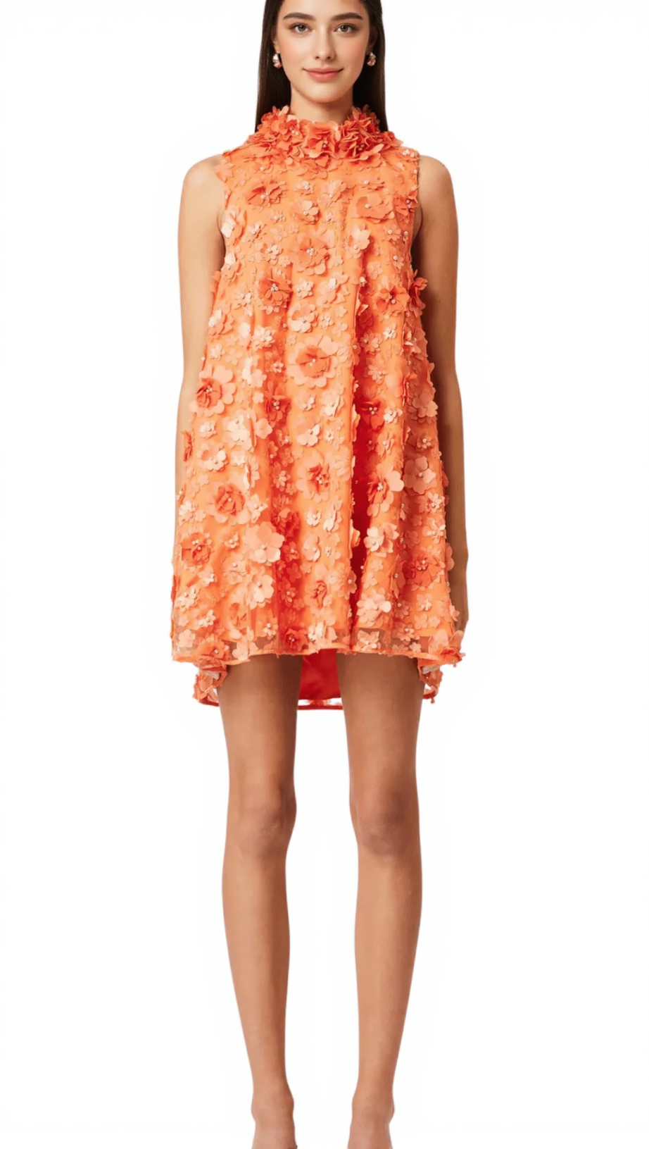3D FLORAL BLUEBELL TRAPEZE DRESS IN ORANGE