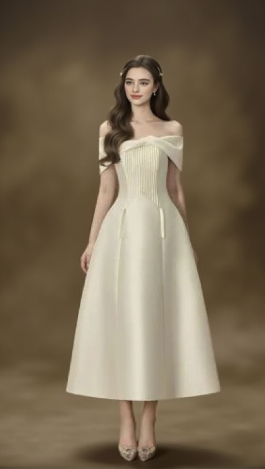 HEBERA A-LINE OFF-SHOULDER MIDI DRESS IN CREAM